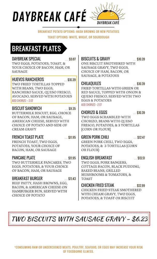 Daybreak Cafe Menu image 1